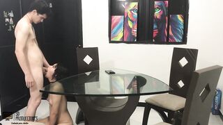 My stepsister turns me on while she's cleaning and I end up fucking her in the dining room