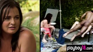 Busty asian babe pleased by a BBC outdoor by the pool
