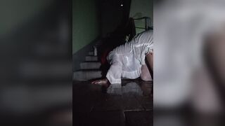 dirty mom masturbates on stairs, pisses and licks it from the floor