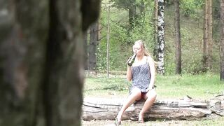 hot blonde in the woods pee on the grass