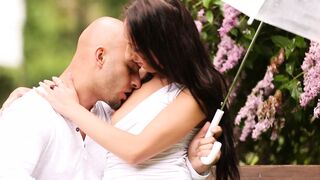 Couple has good sex on a bench outdoors