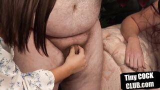 Tiny cock dominas teasing and tugging submissive loser