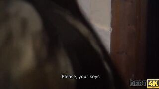 Debt4k. Smart brunette sucks boner of collector to make him forget about debt