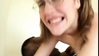 Brunette school girl gets black cum on glasses
