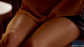 Curly hair MILF brunette gets naked during coffee break