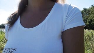 Nice walk without a bra, nipples shine through my white shirt (see through shirt) - boob walk