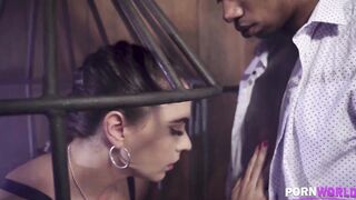 Caged Latina in Strap Latex Costume Marta La Croft Deepthroats Monster BBC in the Basement