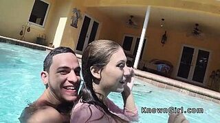 Busty girlfriend fucks in the outdoor pool