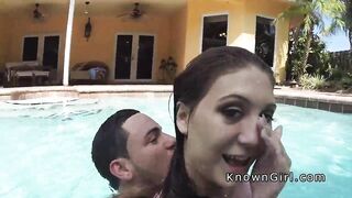 Busty girlfriend fucks in the outdoor pool