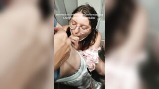 Public train toilet blowjob and piss swallowing
