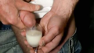 HUGE closeup double pop cumshot in a small wineglass