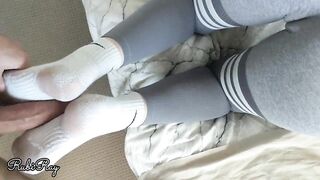 Fit babe gives Footjob before dripping Creampie in ripped leggings