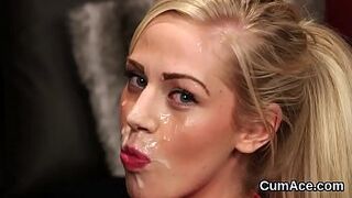 Foxy peach gets cumshot on her face eating all the cream