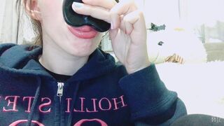 Girl (me) with braces deep throating her butt plug