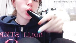 Girl (me) with braces deep throating her butt plug