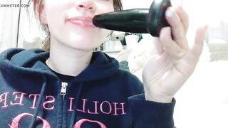 Girl (me) with braces deep throating her butt plug