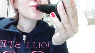 Girl (me) with braces deep throating her butt plug