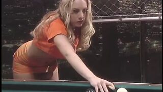 Busty blonde gets her asshole fingered and a pool stick shoved in