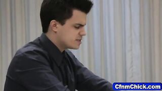 Clothed babe milks loser