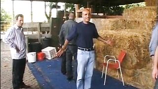 Innocent blonde gang banged in a barn by a group of horny pigs