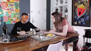 Hot big-butt girl gets beaten by spanking machine at dinner