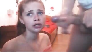 She makes several deep throats with her boyfriend's big cock