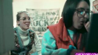 Nerdy lesbian teens Cadence Lux and Serena Blair experimented a virtual 3D creation that came to life and started a hot lesbian threesome with her.