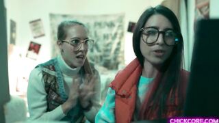 Nerdy lesbian teens Cadence Lux and Serena Blair experimented a virtual 3D creation that came to life and started a hot lesbian threesome with her.