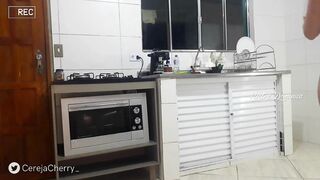 Organizing the kitchen in underwear