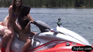 Two sexy babes foursome sex on speedboat
