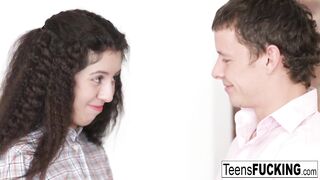 Tan teen Katty gets her pussy fucked on the couch