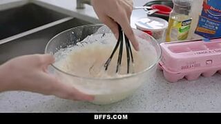 Shake and bake teens share a big cock after cooking