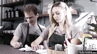 Petite blonde gets rimmed behind counter