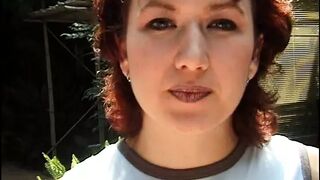 Redhead MILF with small tits rides a hard cock by the pool
