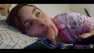 Little Kiwwi sucks your cock like a PACIFIER while watching TV.