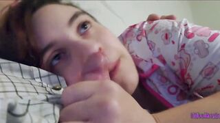 Little Kiwwi sucks your cock like a PACIFIER while watching TV.