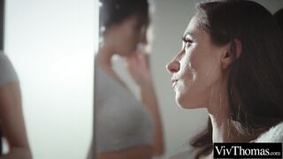 Lesbian brunettes explore each others shaved pussies