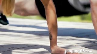 Glamorous european chick fucked outdoor by her trainer