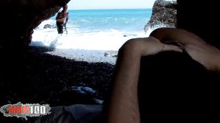 Double penetration for young french brunette Leslie Fox the slut at the beach