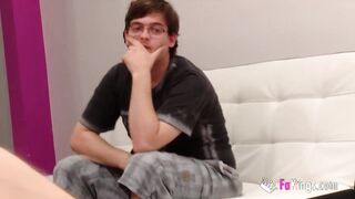 19yo petite teen enjoys Jordi's dick while her boyfriend watches