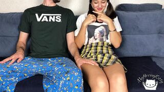 Step Brother Touches Step Sister's Tits! But She Didn't Expect That He Has Such a Big Dick To Suck! Facial Cumshot