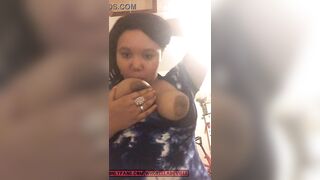 Lightskin ebony with big natural tits rides a dildo