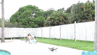 lesbian teen threesome play tug a war with a drone pulling ping balls out of the