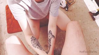 I jerked off a guy on the balcony and got cum on my legs