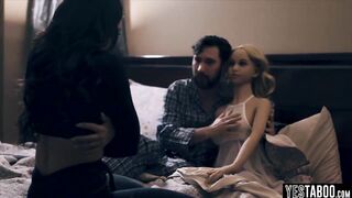 Threesome sex with a teen and a silicone doll