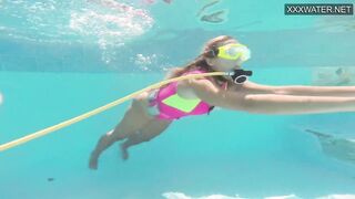 Swimming pool hot girlfriend strips and being horny