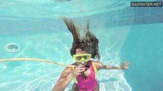 Swimming pool hot girlfriend strips and being horny
