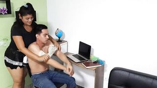 My stepmom sucks my dick when she's cleaning the studio