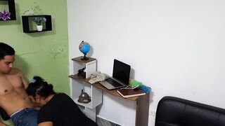 My stepmom sucks my dick when she's cleaning the studio