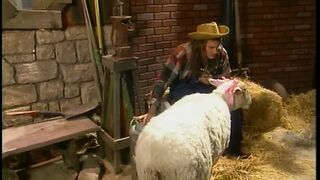 Busty girl in pigtails rides a huge cock in outbuilding